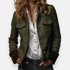 Cairech | Herringbone Blazer with Velvet Cuff Trim