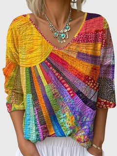 Laoise | Rainbow Print V-Neck Top with Three-Quarter Sleeves