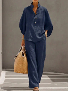 Ciarnat | Bat-Sleeve Top and Wide-Leg Trouser Set with Elastic Waist